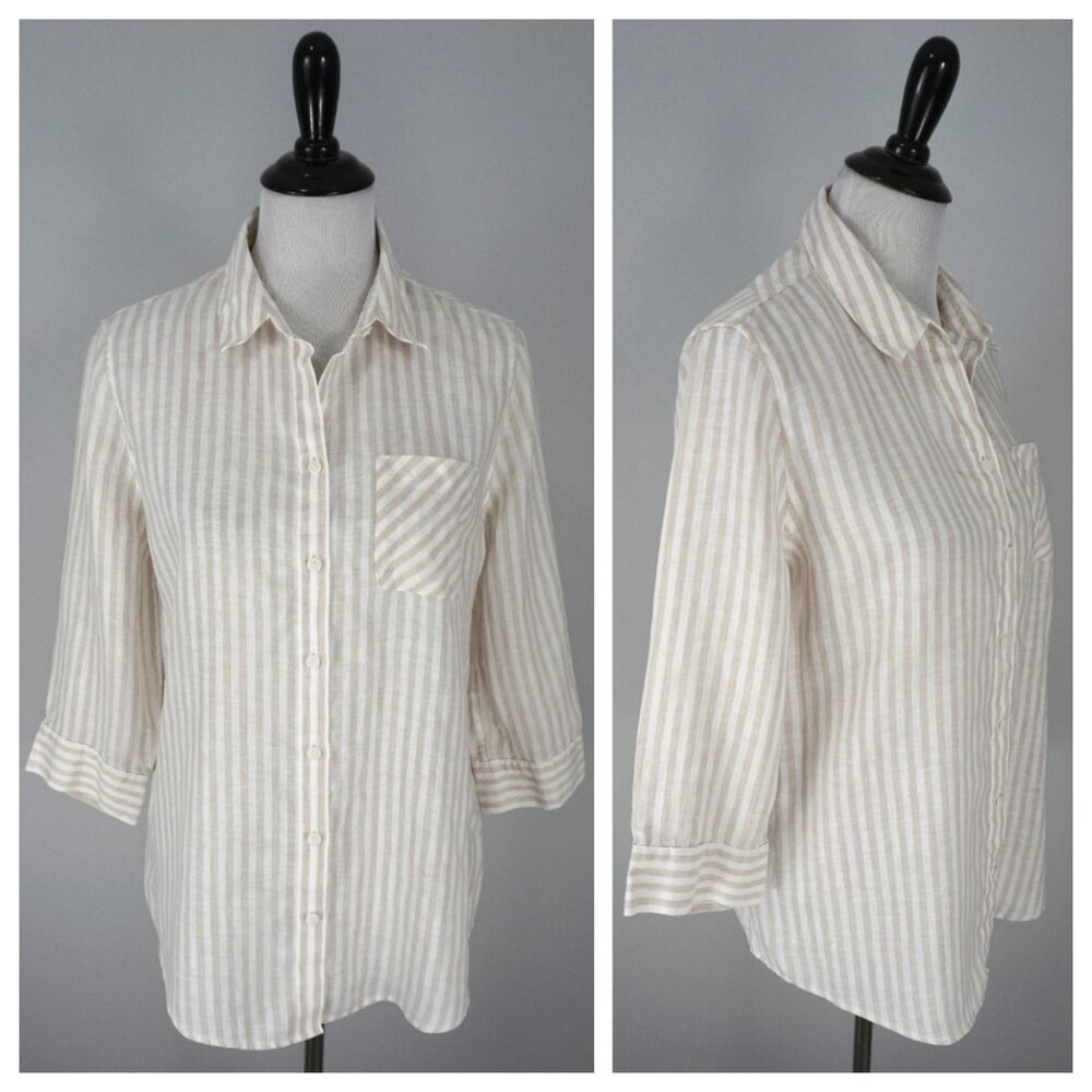 Chicos No-Iron Pink White Striped Button Up Collared 3/4 Sleeve 100% Linen Top 1
